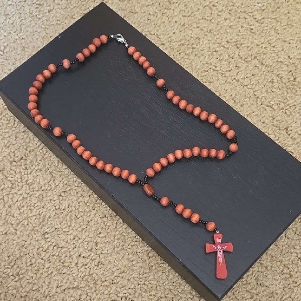 Rosary Necklace Handcrafted Wooden Cross black beads and brown, Clasp unisex